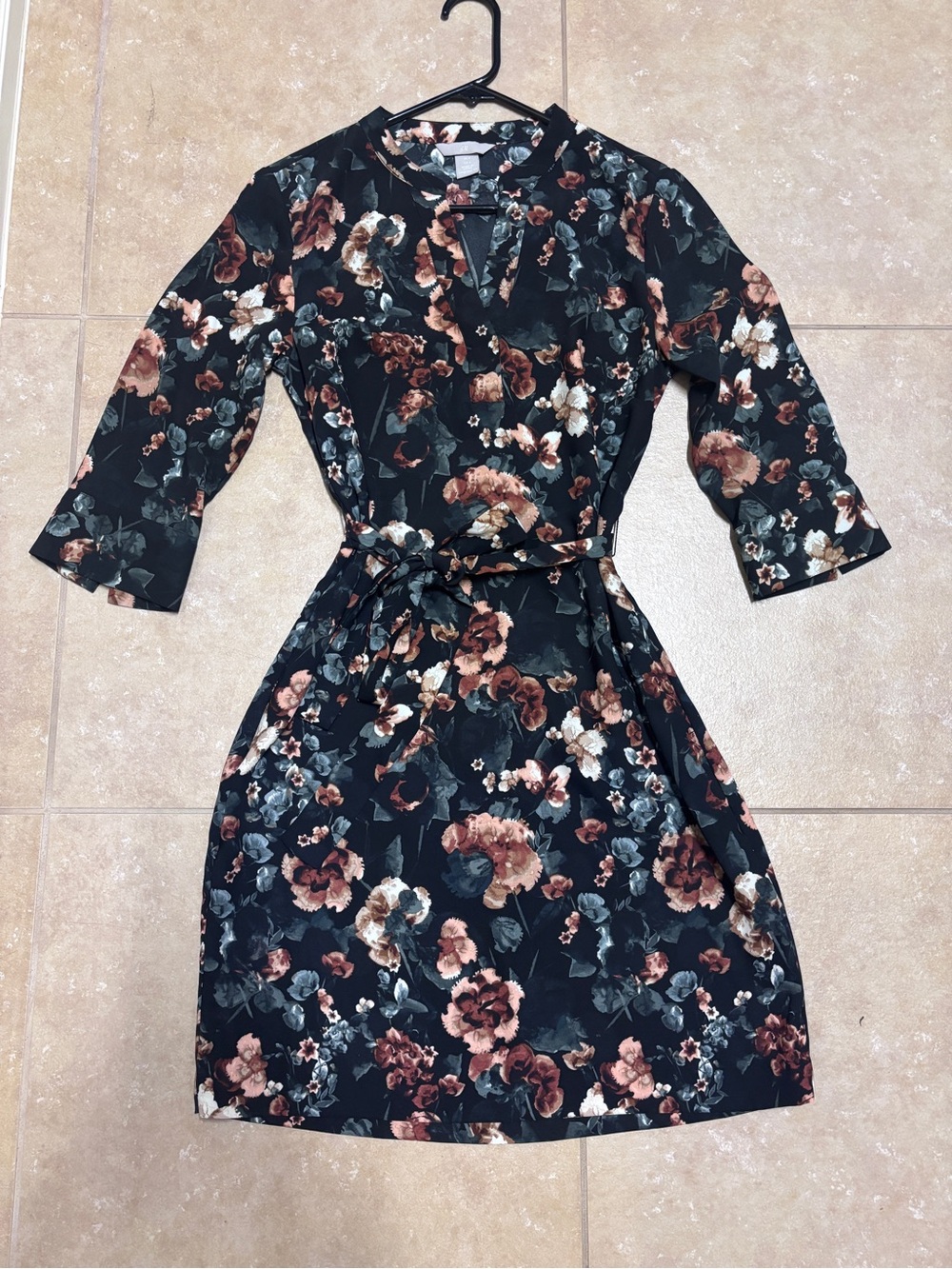 H&M Black Floral Tie-Waist Midi Dress with Blush and Brown Accents